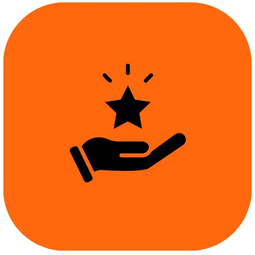 A black hand with a star icon, set against a rounded square orange backdrop