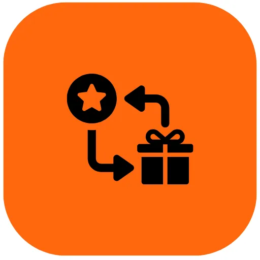 A black gift and star with two arrows pointing each icon to one another, set against a rounded square orange backdrop. Redeem rewards icon.