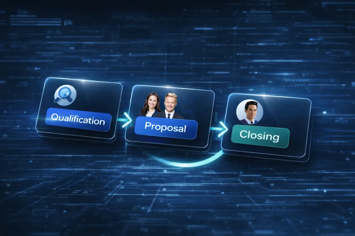 Visual Pipeline Tracker interface showing leads moving through stages