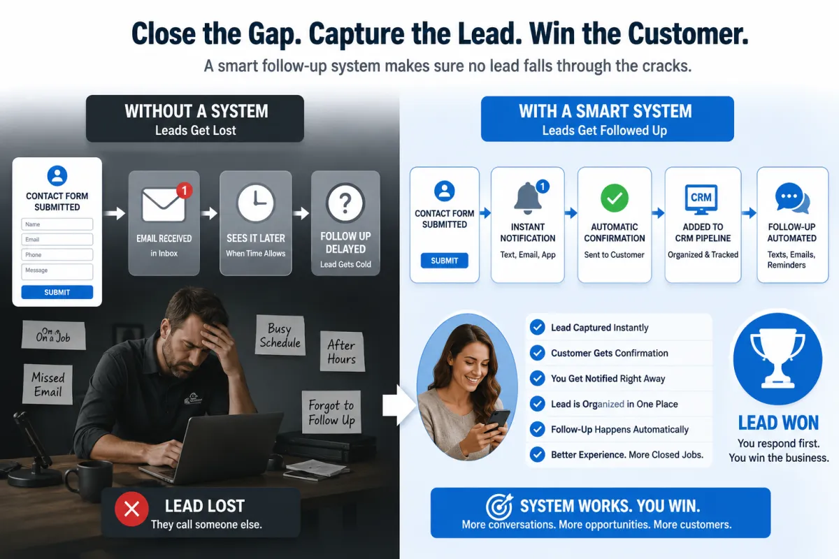 Infographic showing how small business leads can get lost without a follow-up system and how a smart system helps capture, notify, organize, and follow up with customers.