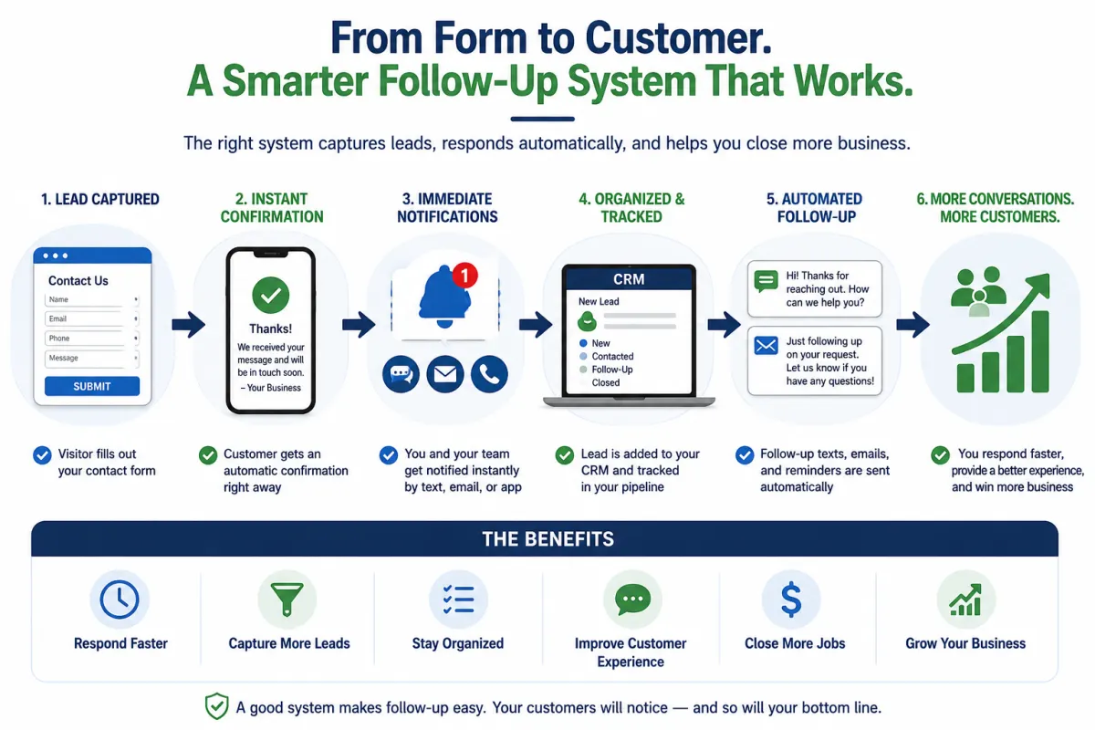 Infographic showing the lead follow-up process from website contact form submission to customer confirmation, business notification, CRM tracking, automated follow-up, and more customers.