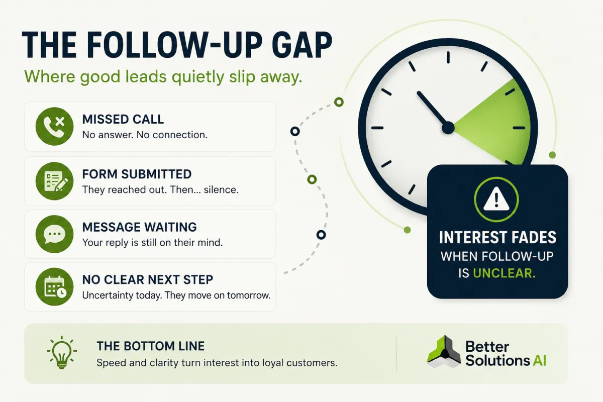 Infographic showing how small business leads can get lost without a follow-up system and how a smart system helps capture, notify, organize, and follow up with customers.