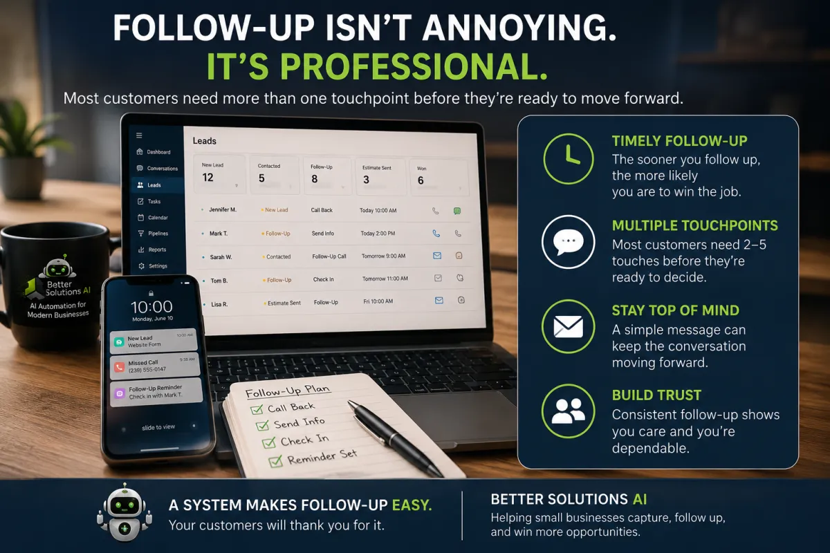 Infographic showing how small business leads can get lost without a follow-up system and how a smart system helps capture, notify, organize, and follow up with customers.