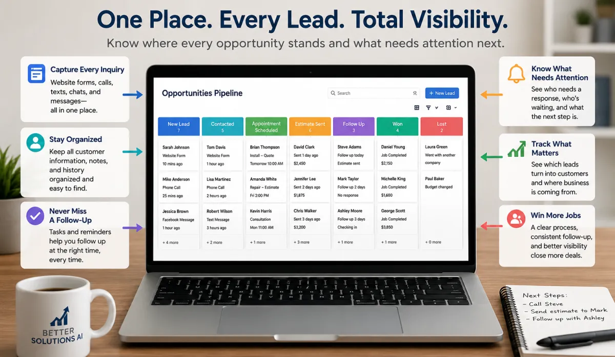 Infographic showing how small business leads can get lost without a follow-up system and how a smart system helps capture, notify, organize, and follow up with customers.