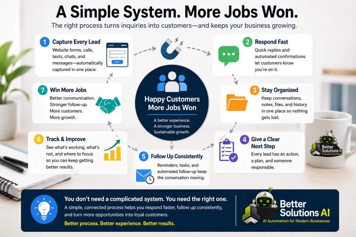 Infographic showing the lead follow-up process from website contact form submission to customer confirmation, business notification, CRM tracking, automated follow-up, and more customers.