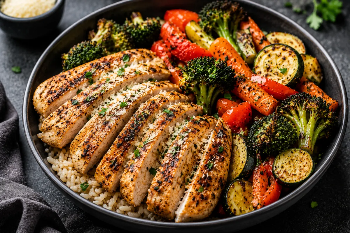 Garlic Parmesan Chicken & Roasted Veggie Bowls