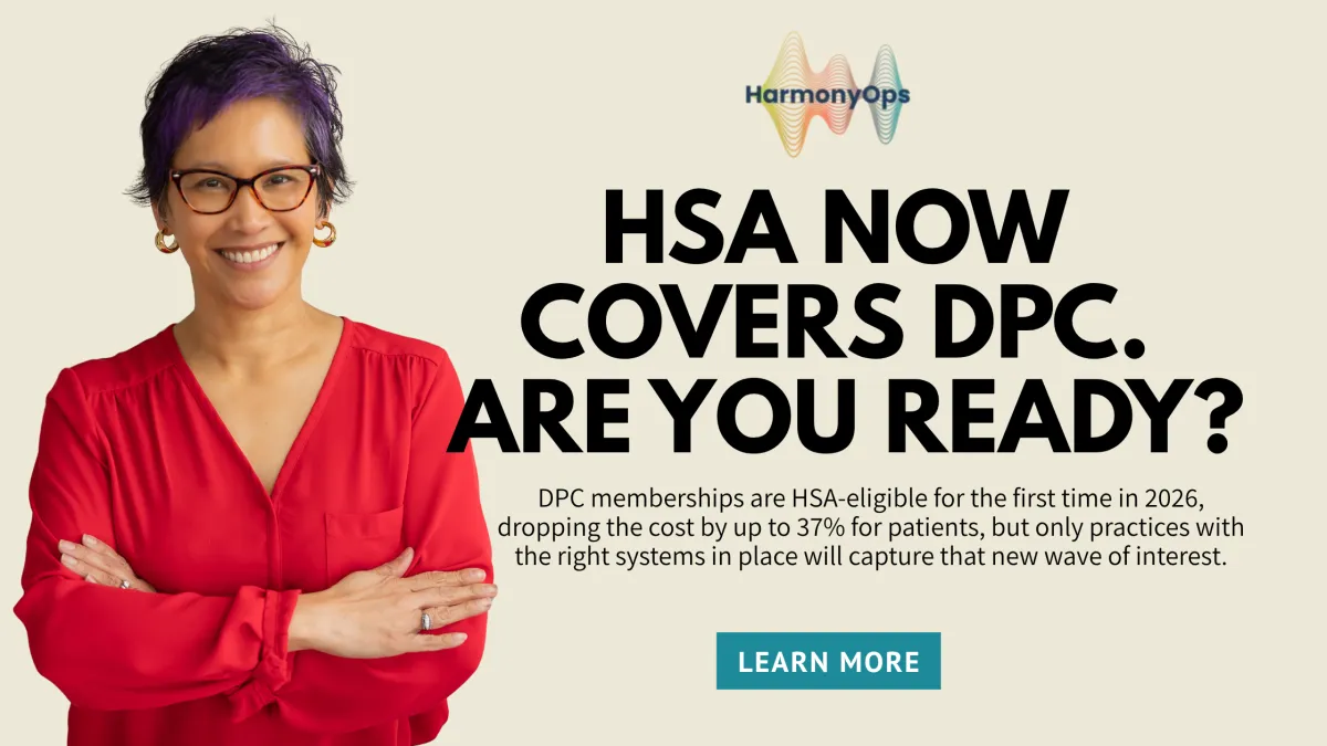 smiling DPC physician in red blouse with arms crossed, text reads "HSA Now Covers DPC. Are You Ready?"