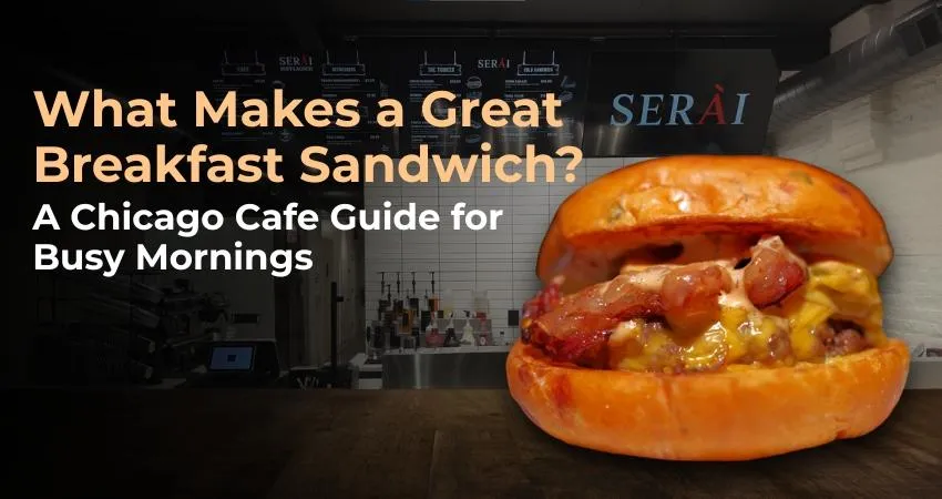 Coffee and breakfast sandwich at a Lincoln Park cafe