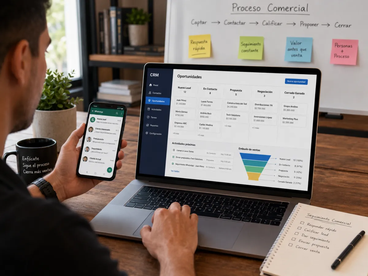 Equipo comercial revisando conversaciones de WhatsApp y oportunidades de venta en un CRM