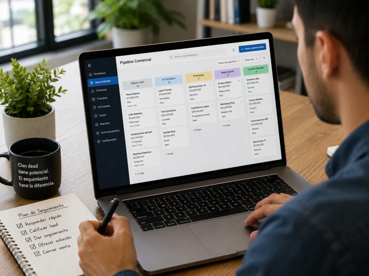 Tablero de seguimiento comercial con leads responsables y próximas acciones de venta
