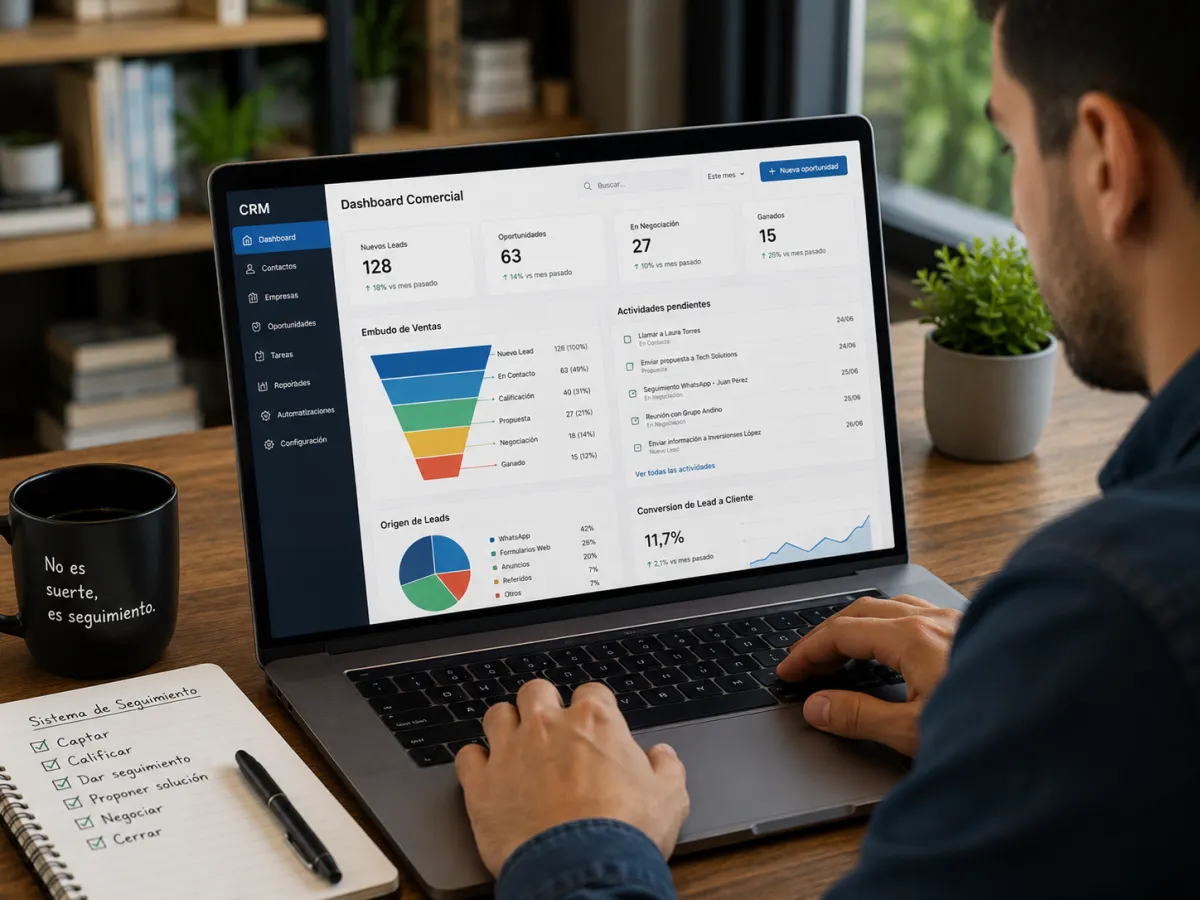 Dueño de pyme revisando un CRM con etapas de ventas y conversaciones centralizadas