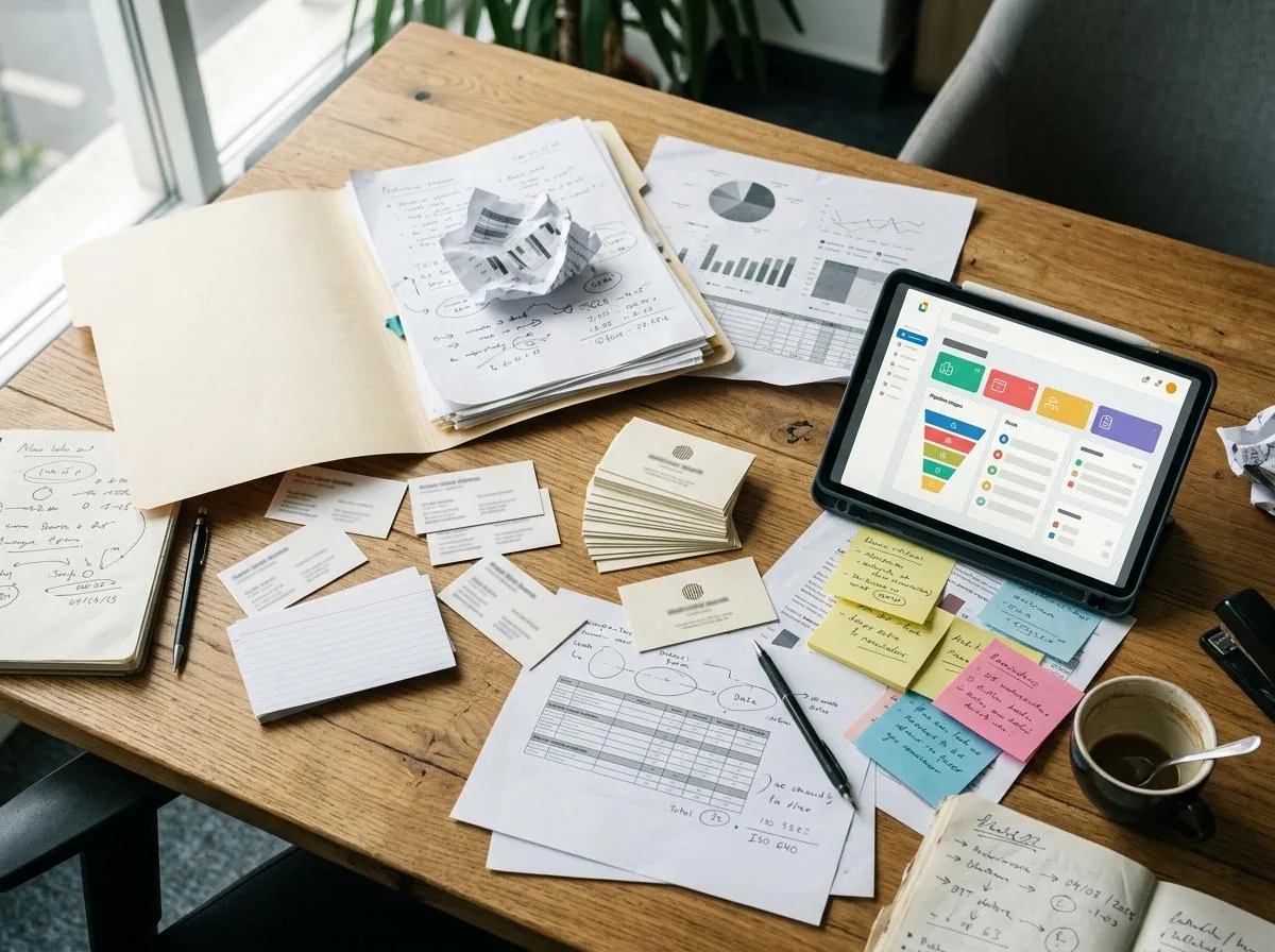 Mesa de trabajo con pipeline comercial y datos de clientes organizados en CRM