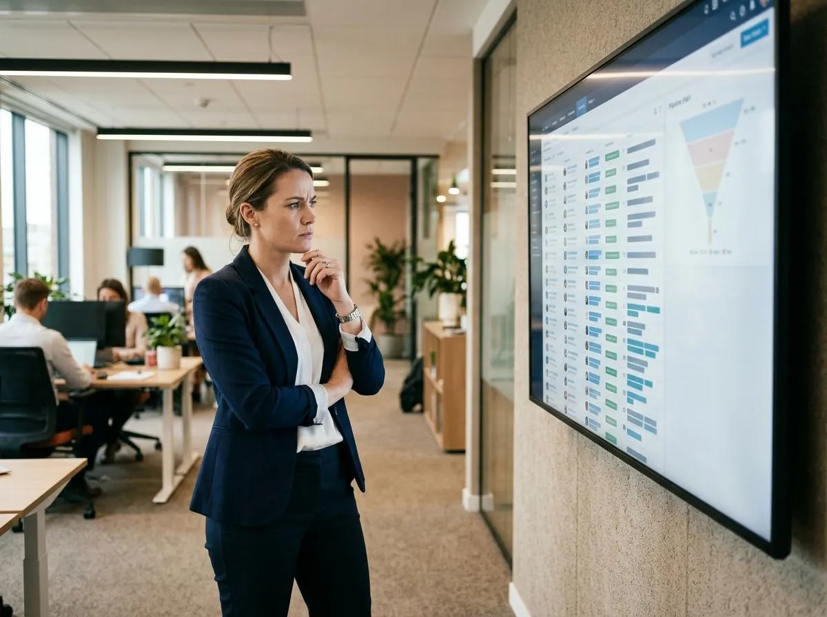 Sales manager reviewing CRM pipeline and contact records in a professional office