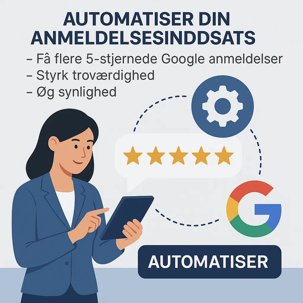 Glade kunder modtager anmodning om anmeldelse på smartphone, intuitivt UI, positive 5-stjernede ikoner, varm men professionel fotostil til troværdighed.