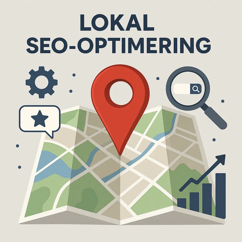 Kortvisning med lokal virksomhedsmarkør, Google Maps-udsnit, positive anmeldelser og lokal trafik-visualisering, klar og professionel fotostil.