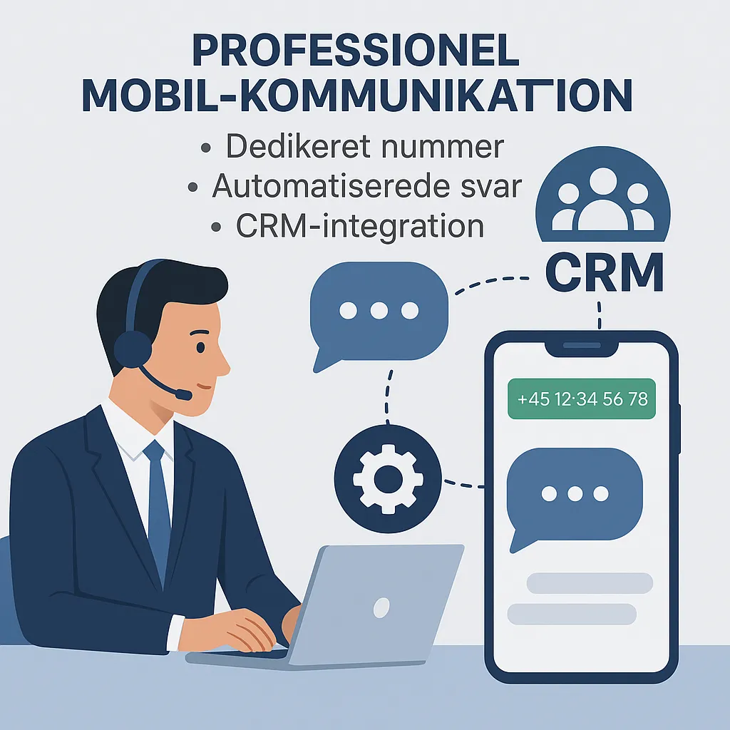 Forretningsmobil med virksomhedsnummer på skærmen, hands-on brug, teknisk integration, dæmpet baggrund, moderne branding og cyan accent, fotorealistisk stil.