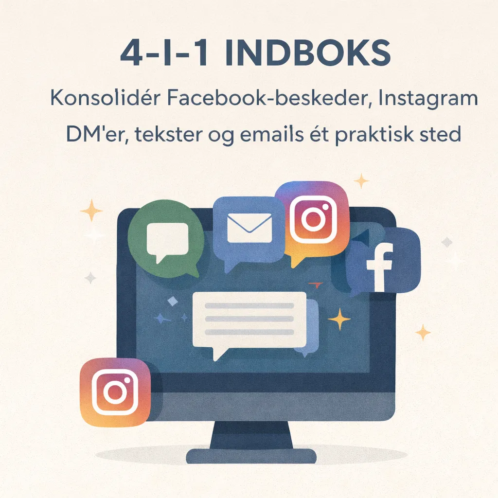 Multi-kanal dashboard på skærm med beskeder fra email, SMS og sociale medier samlet i et vindue, moderne UI, bløde cyan- og lilla-accenter, professionel support-æstetik.