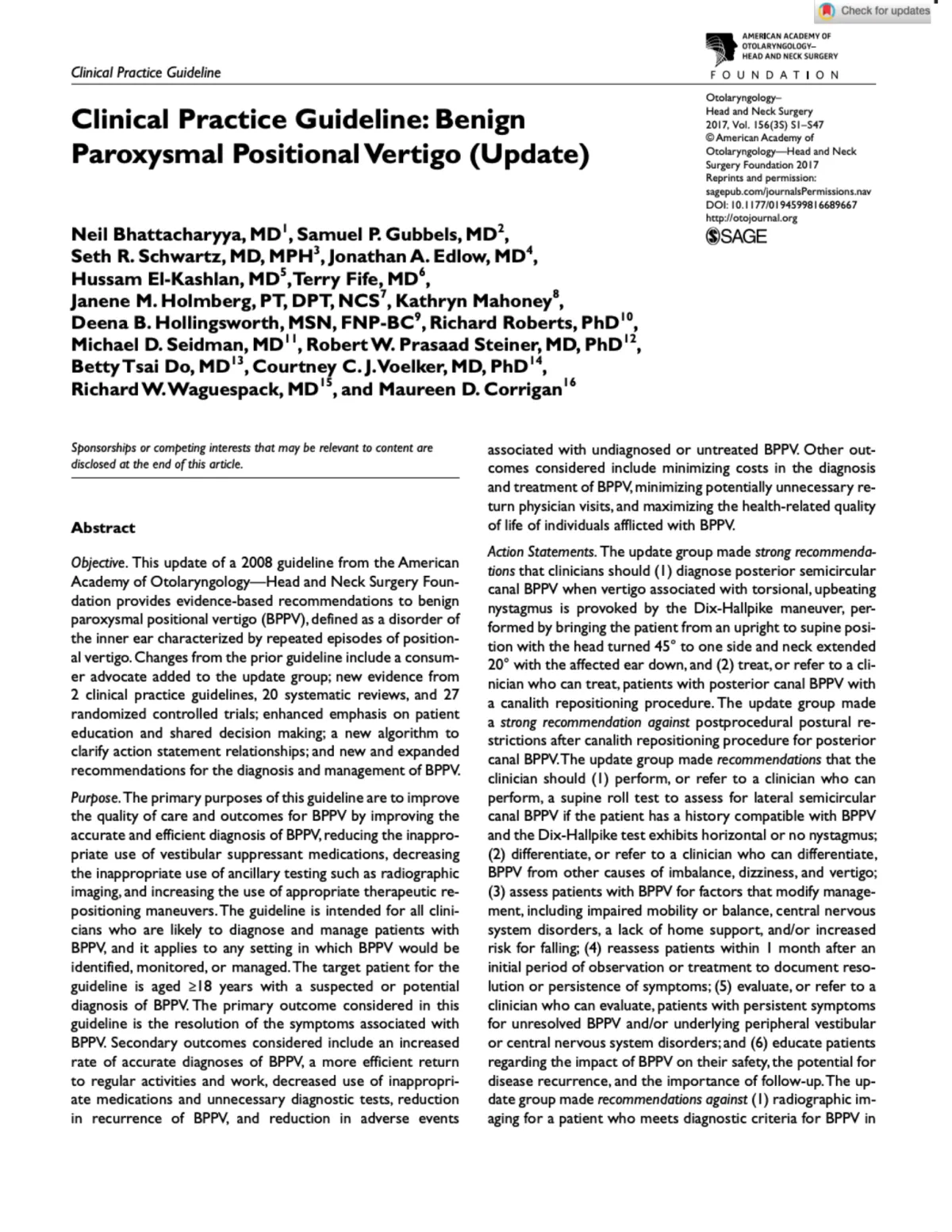 Clinical Practice Guidelines: Benign Paroxysmal Positional Vertigo (Uupdate)