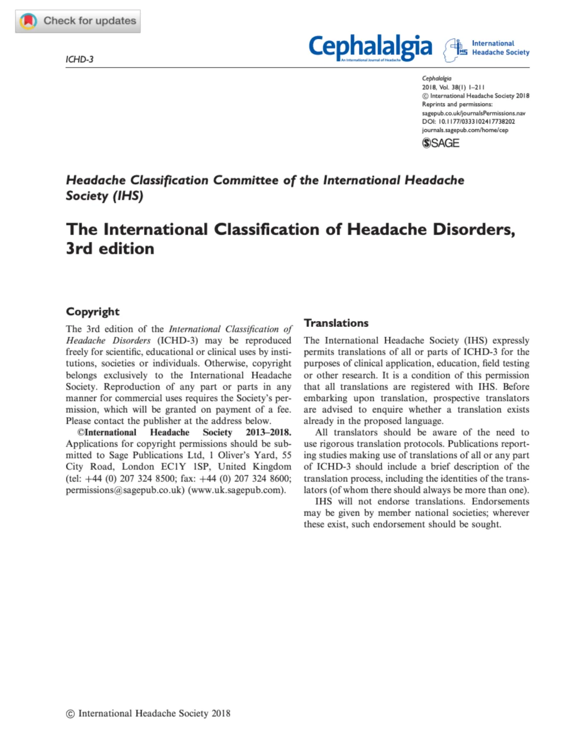 International Classification of Headache Disorders 3rd edition