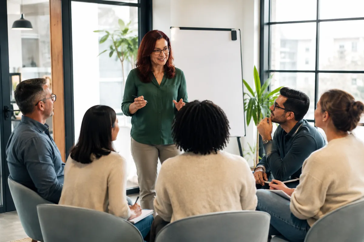 Leader in a suit guiding a team discussion with employees in smart-casual attire
