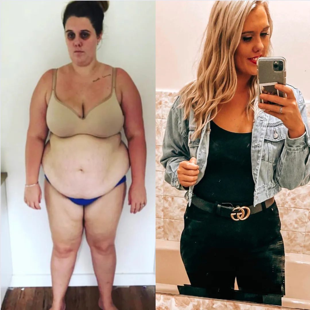 Before and after weight loss transformation at Code 5 gym in Brookvale showing female client losing 40kg and building confidence