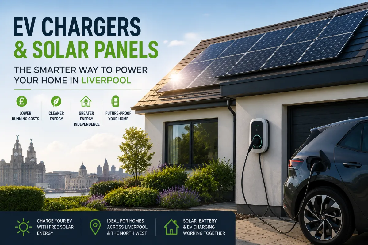 Electric vehicle charging at a modern Liverpool home with rooftop solar panels generating renewable energy.