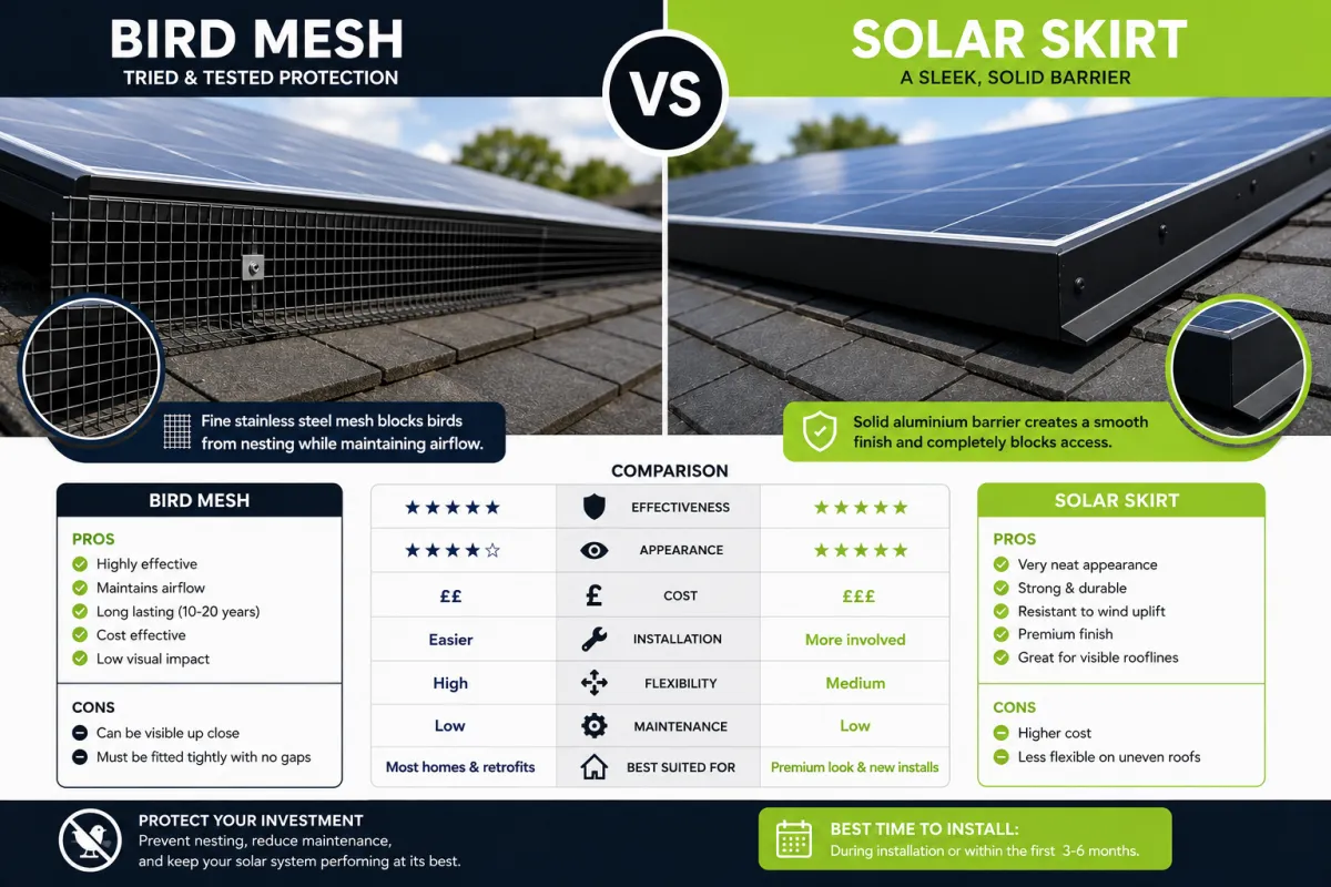 Bird mesh vs solar skirt lime green solar panel bird protection system comparison