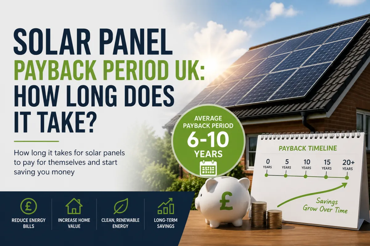 Cover image for blog explaining solar panel payback period in the UK, showing a modern house with rooftop solar panels, infographic elements highlighting 6–10 year payback timeline, energy savings, and financial benefits of solar installation.