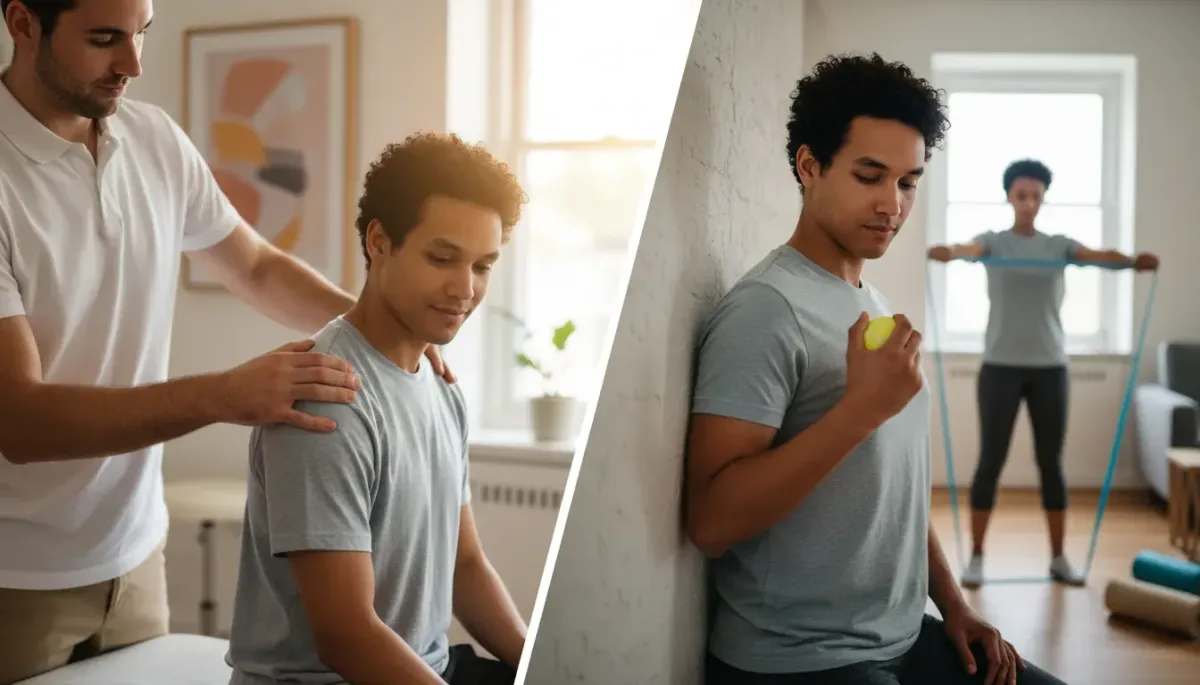 Split-scene photorealistic image: chiropractor performing a gentle shoulder mobilization in clinic and the same person doing home shoulder rehab exercises and self-massage with a resistance band and tennis ball