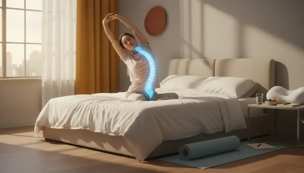 Person doing a gentle morning spinal stretch on a sunlit bed with a translucent glowing spine overlay, water, fruit, pillow and yoga mat nearby to suggest morning habits supporting chiropractic recovery