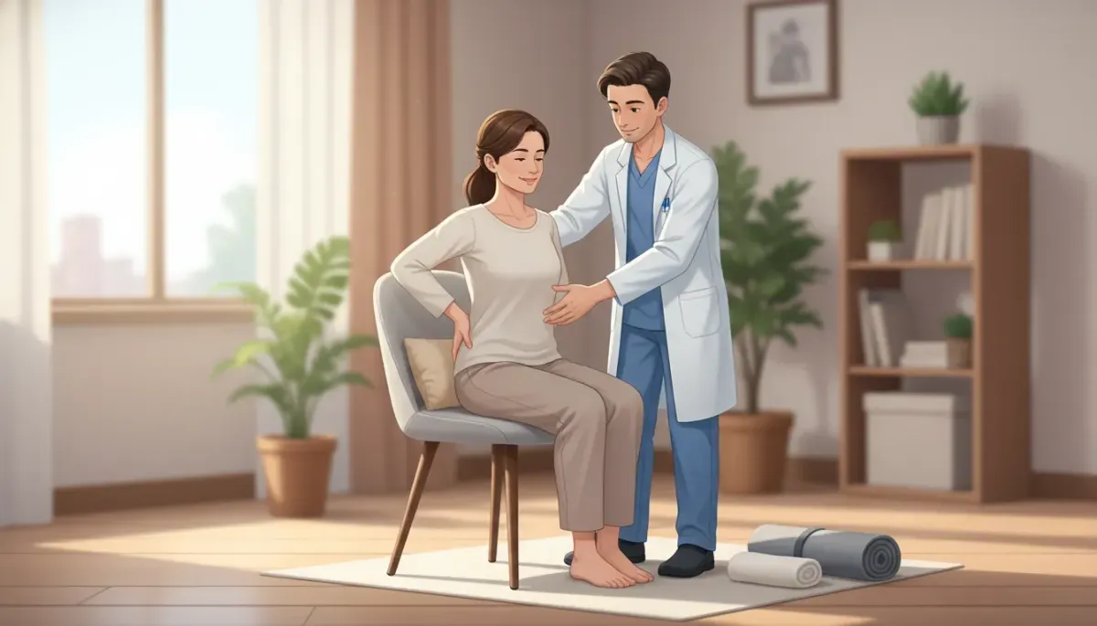 Illustration of a chiropractic adjustment for lower back pain with a person practicing supportive posture at home and a therapist performing a gentle lower back technique