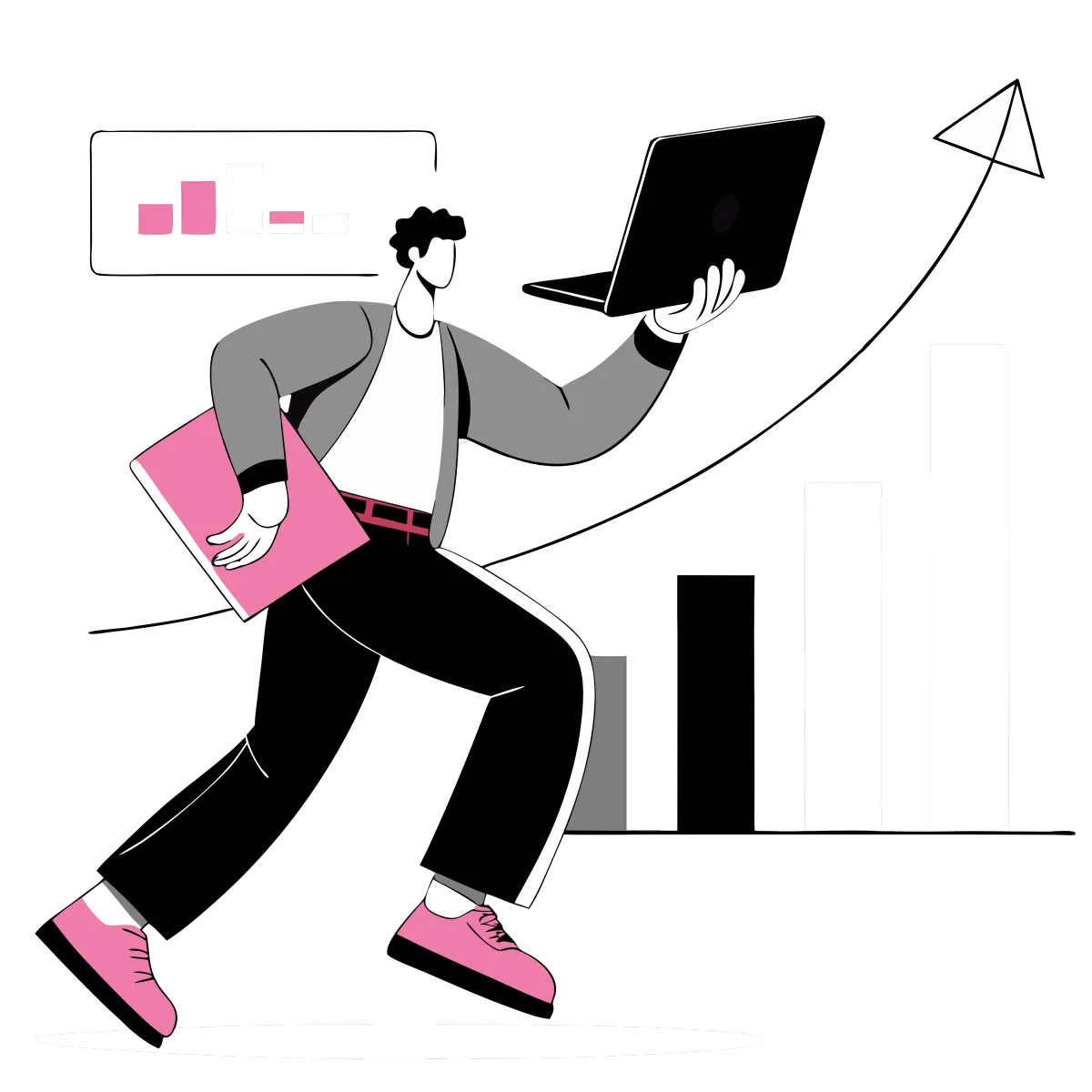 Illustration of a man holding a laptop and tablet while running past rising bar charts, symbolizing business growth and digital transformation