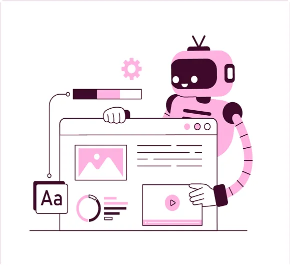 Illustration of a friendly robot building a smart website interface, symbolizing AI-powered website automation and design