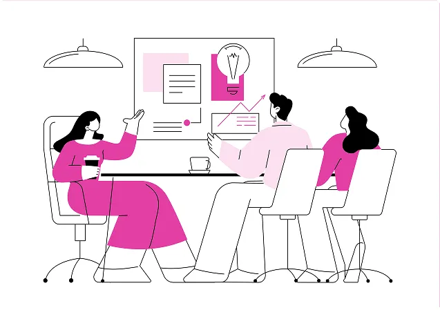 Illustration of a team brainstorming at a table with charts and lightbulb graphics, representing innovative smart website strategy and collaboration