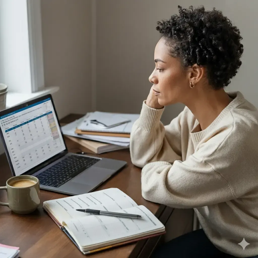 A Black woman entrepreneur sits at her home desk, studying financial data on her laptop with a thoughtful expression. A planner, pen, and coffee cup rest nearby, symbolizing hard work and determination. The image reflects the frustration of doing everything right but still feeling stuck financially.
