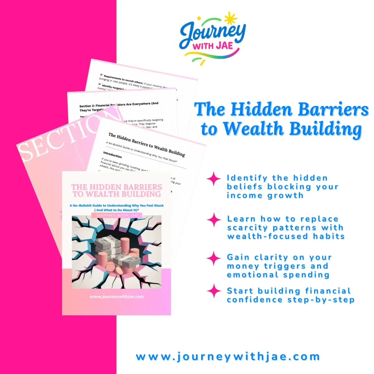 Image of the guide “The Hidden Barriers to Wealth Building” alongside inner pages and four listed benefits, including identifying beliefs blocking income growth and replacing scarcity patterns with wealth-focused habits.