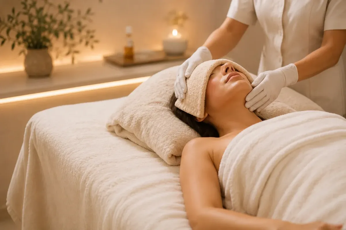An esthetician applying product to a client's skin during a facial in a warm, calm treatment room.