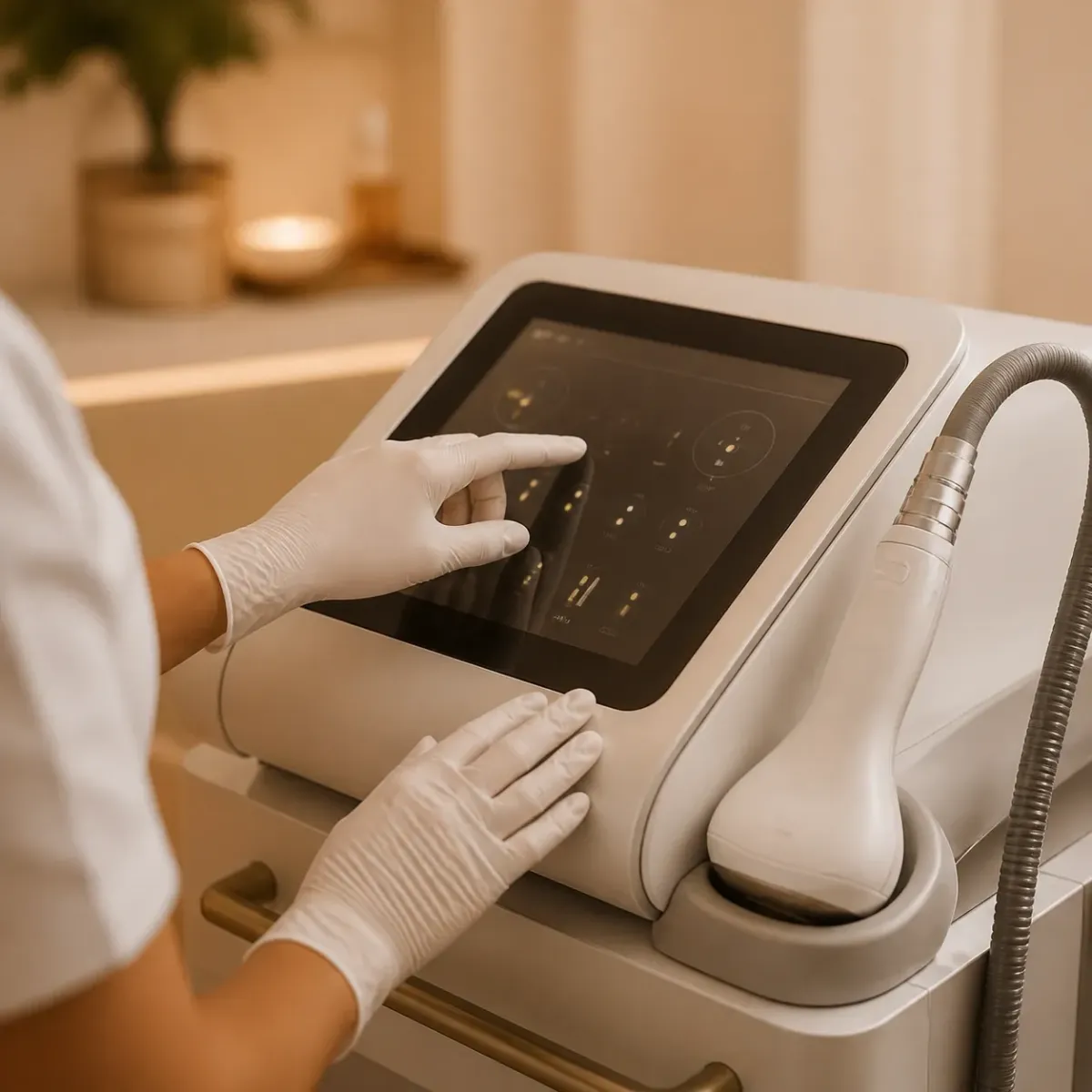 Gloved hands adjusting a body contouring device in the Riviera treatment room