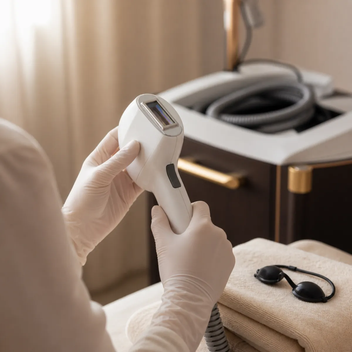 An esthetician's gloved hands adjusting the filter on an IPL handpiece in the Riviera treatment room