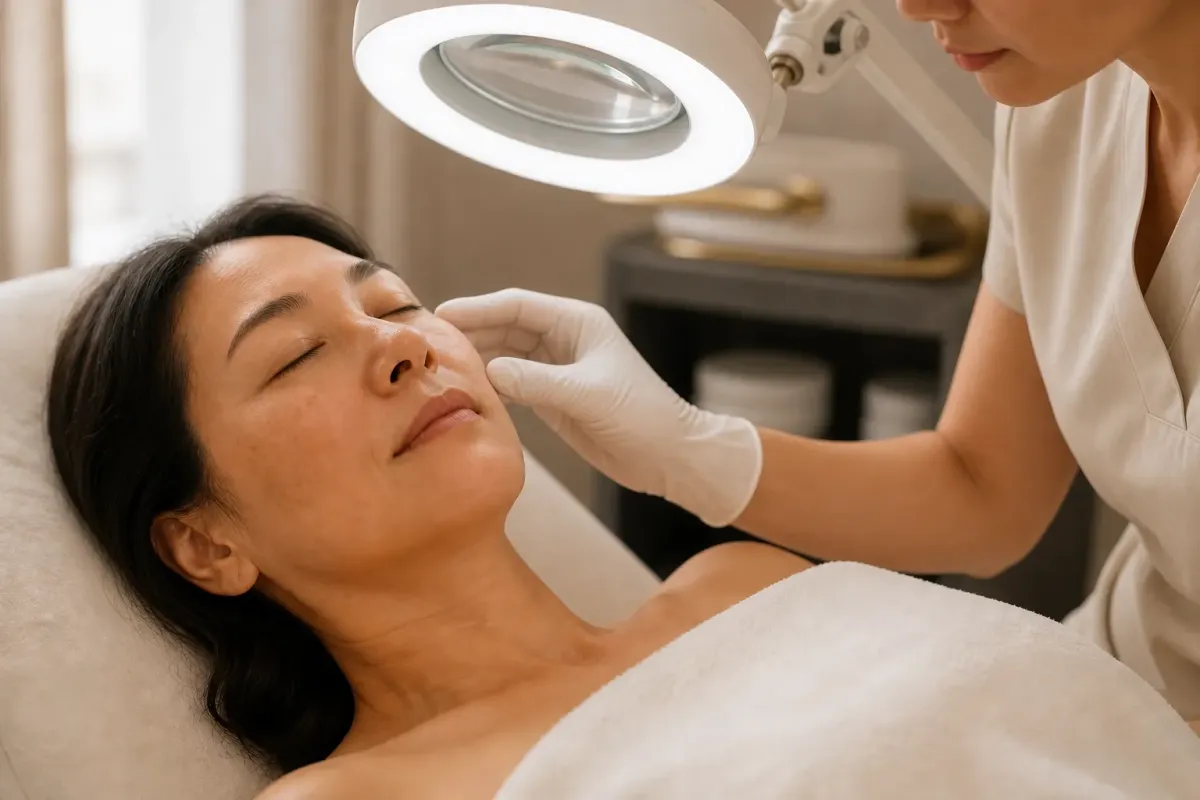 An esthetician examining a client's skin under a bright light before a treatment, in a calm treatment room.