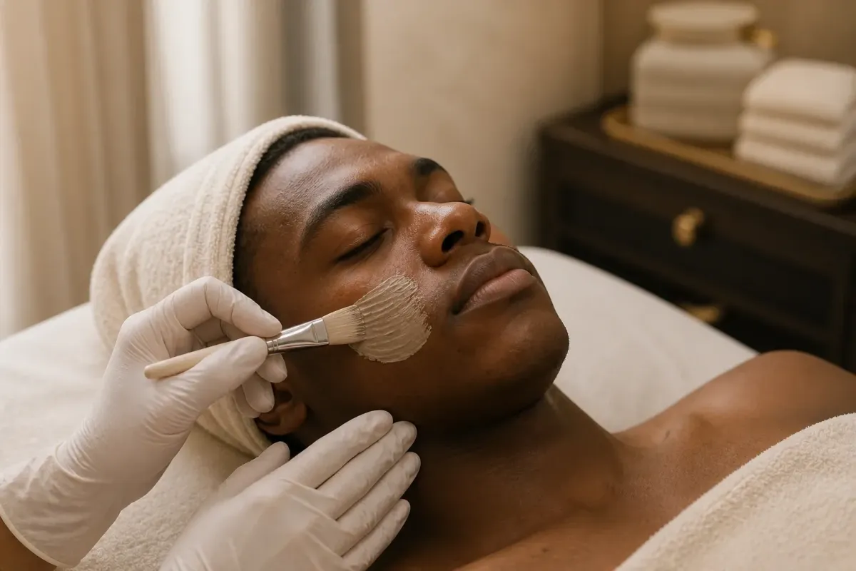 An esthetician's gloved hands smoothing a treatment mask onto a client's cheek in a warm, calm treatment room.