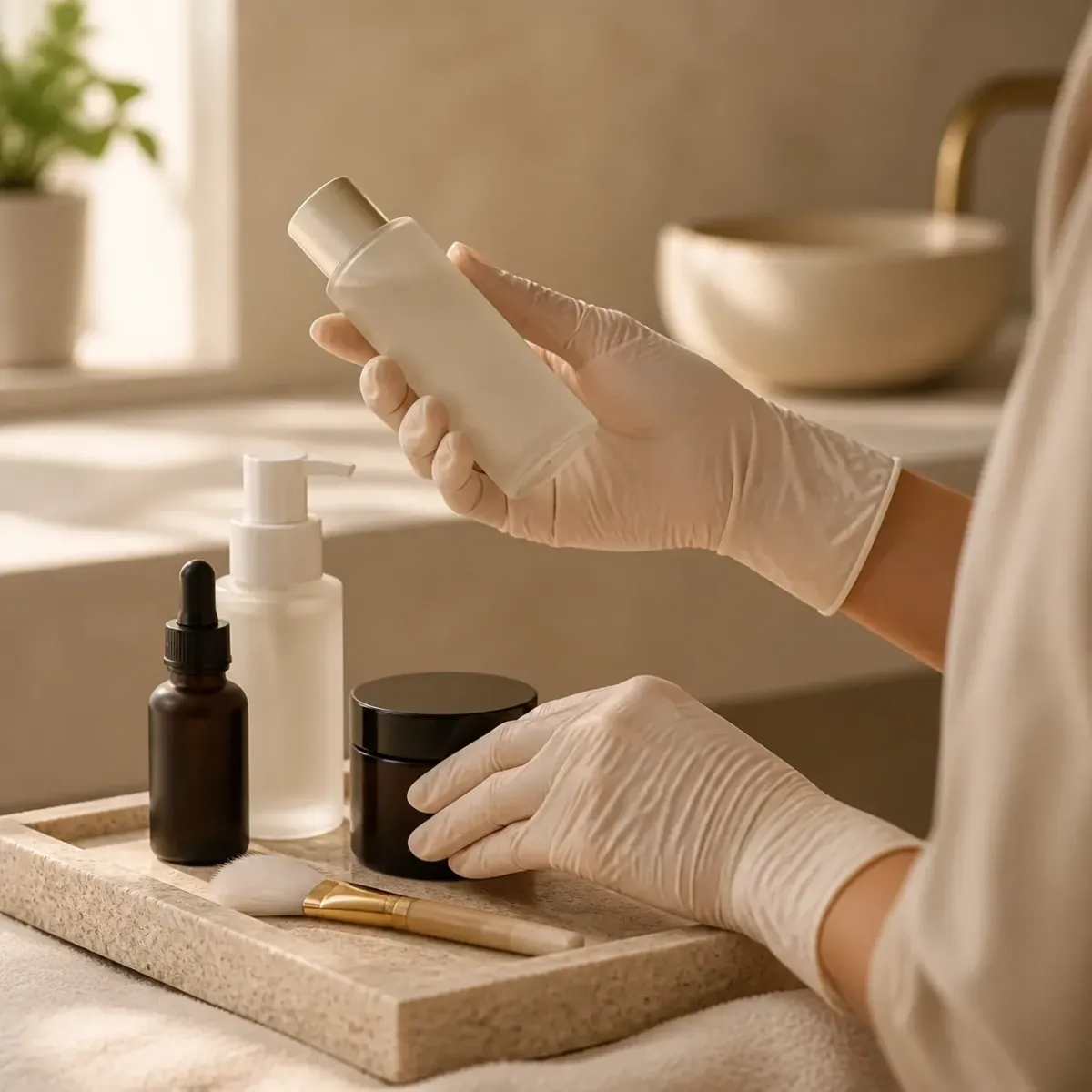 An esthetician's gloved hands selecting professional treatment products in the Riviera treatment room