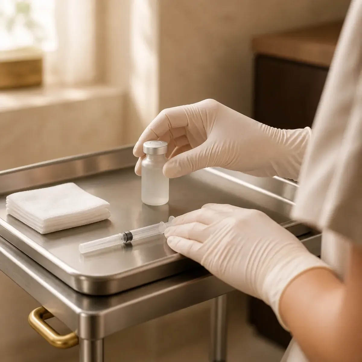 A clinician's gloved hands steadying a vial beside a capped syringe on a steel trolley