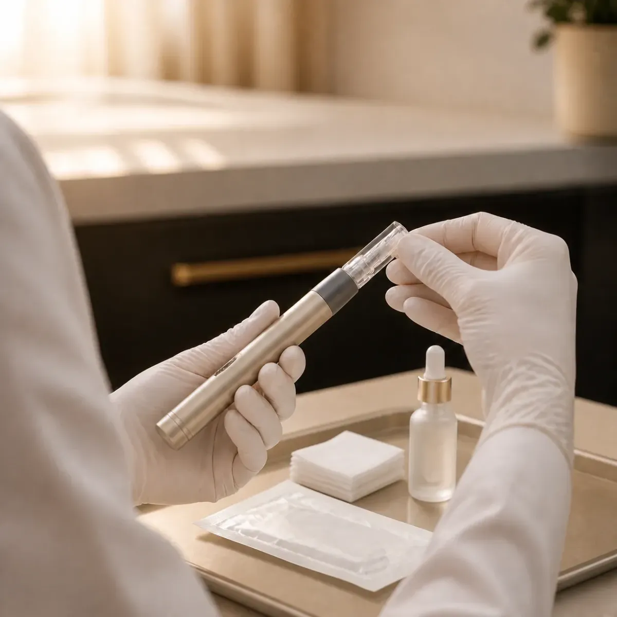 A sealed single-use SkinPen needle cartridge beside the device's depth scale, marked 0 to 2.5 millimeters in 0.25 millimeter steps