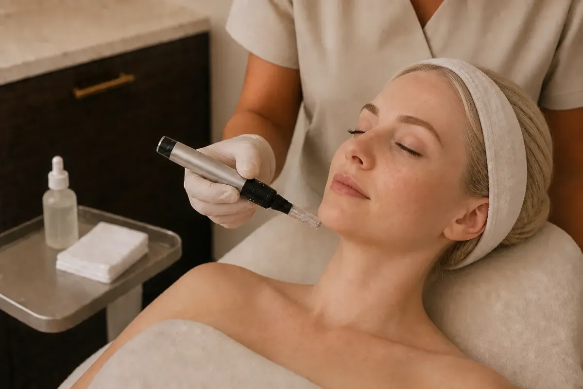 An esthetician applying the microneedle to a client's face.