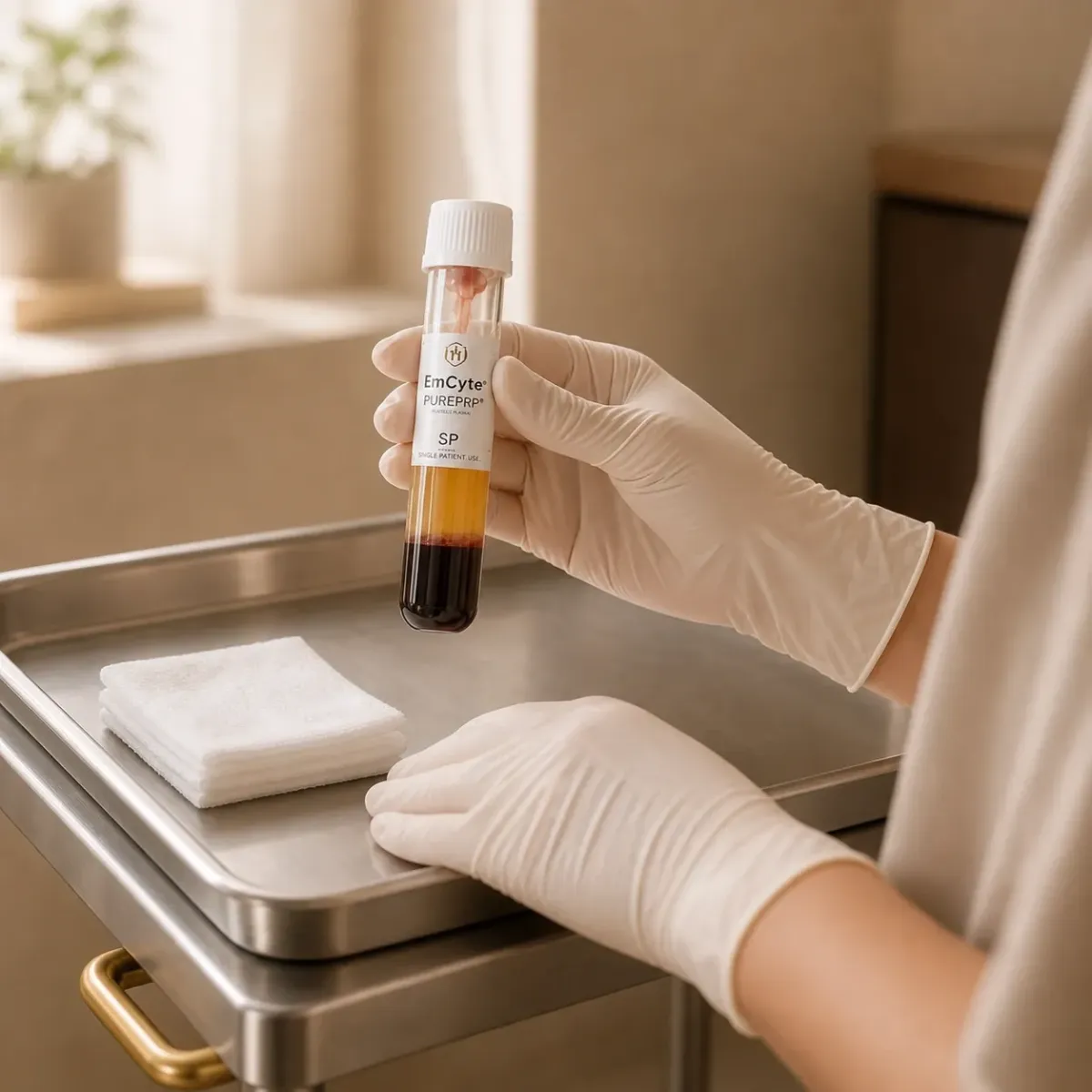 Gloved hands holding an EmCyte PurePRP tube of separated blood, prepared on the dual-spin system at Riviera Aesthetic.