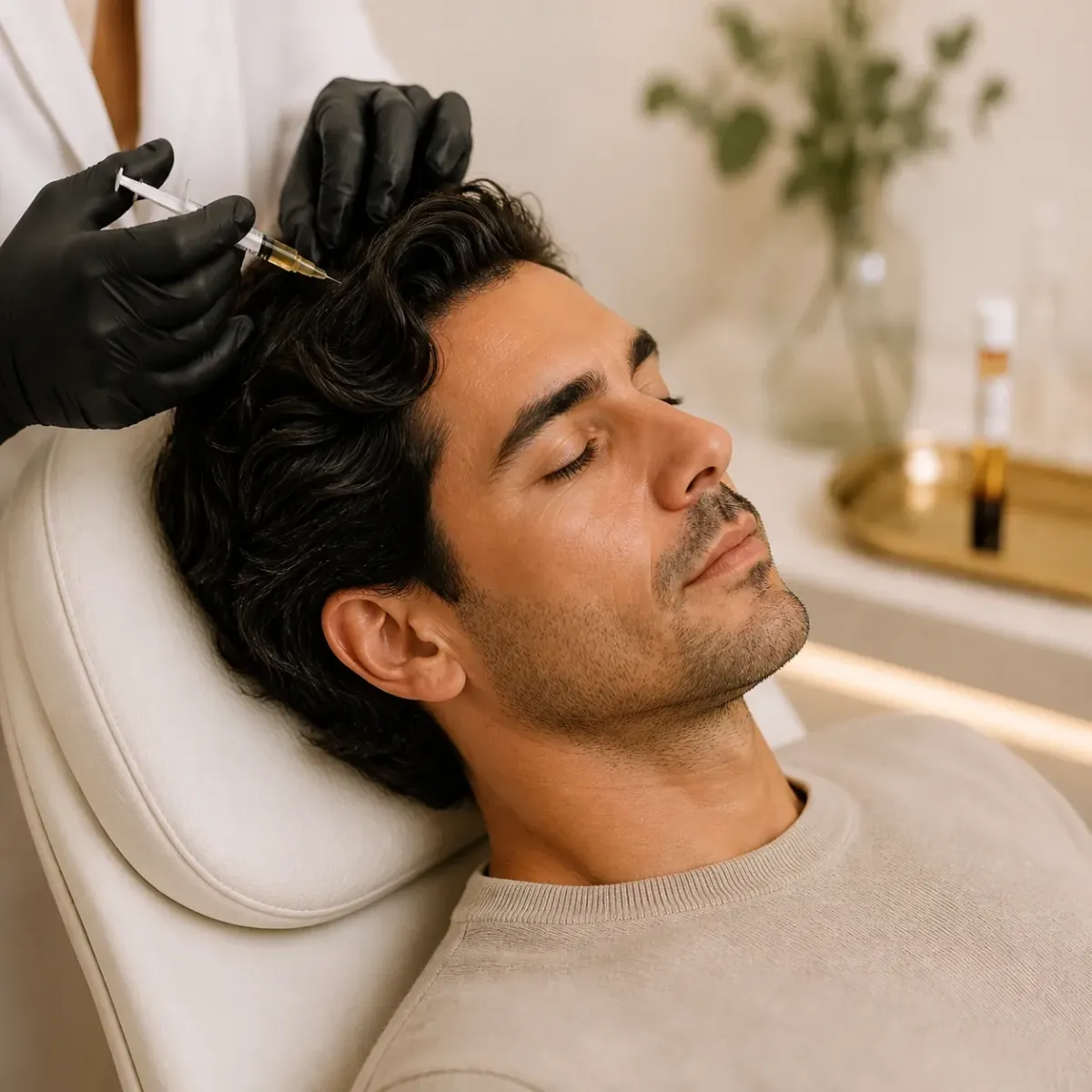 Gloved hands holding an EmCyte PurePRP tube of separated blood, prepared on the dual-spin system at Riviera Aesthetic.