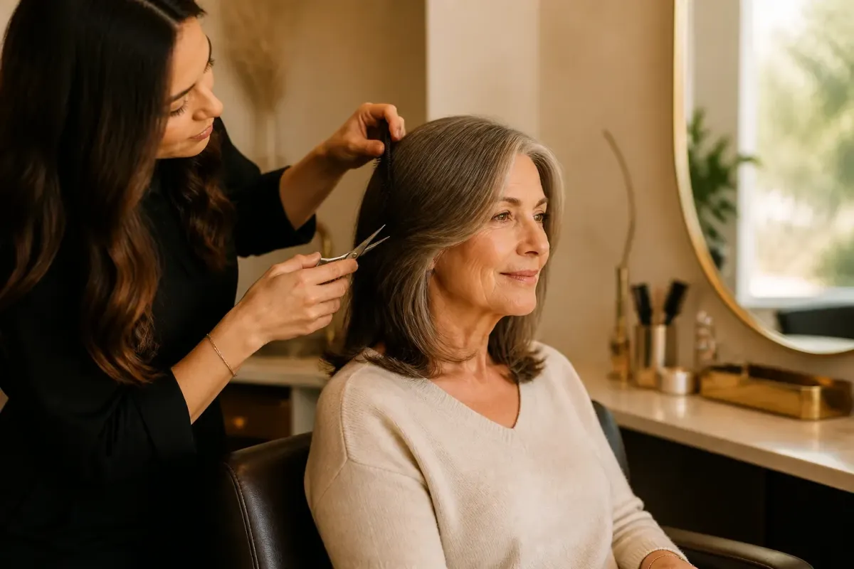 A stylist standing behind a seated client in a salon, styling her hair at a mirrored station.