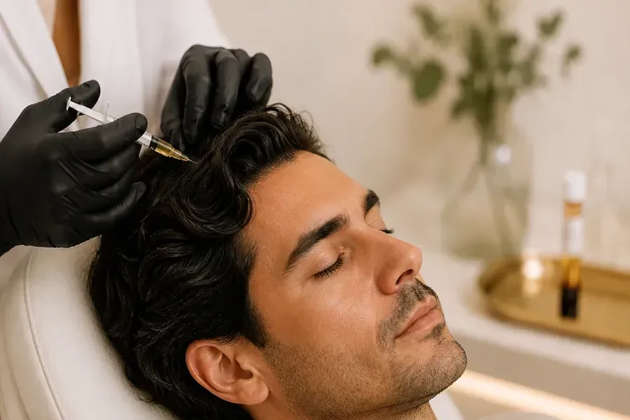 A practitioner drawing concentrated PRP into a syringe beside a client seated in the Riviera treatment room.