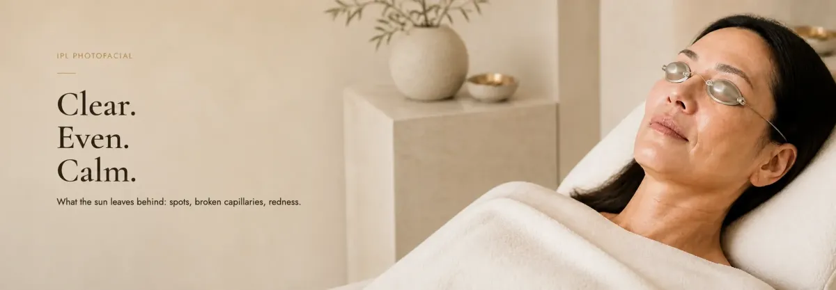 IPL photofacial at Riviera Aesthetic. Clear. Even. Calm. What the sun leaves behind: spots, broken capillaries, redness.